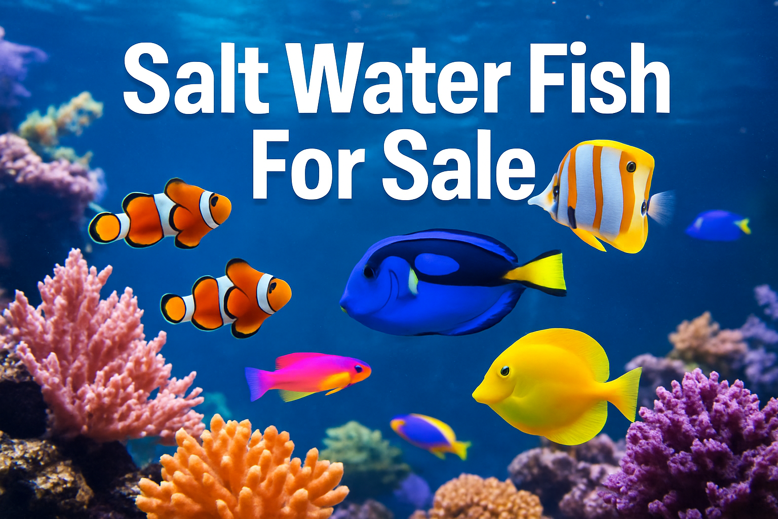 Professional landscape hero image (1536x1024) featuring vibrant saltwater aquarium scene with colorful tropical marine fish swimming among c