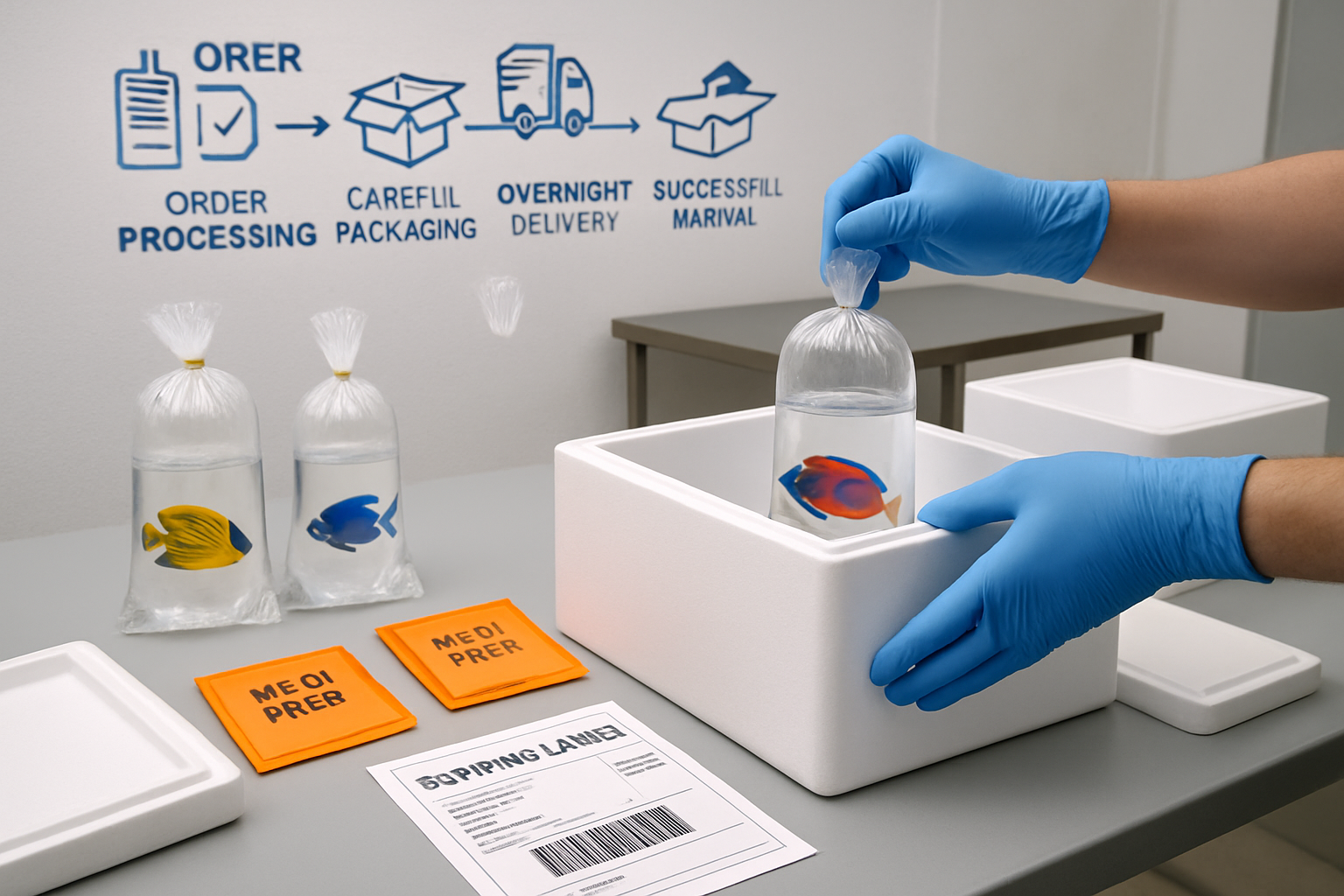 Landscape image (1536x1024) depicting secure shipping process for live saltwater fish. Professional packaging station with insulated styrofo