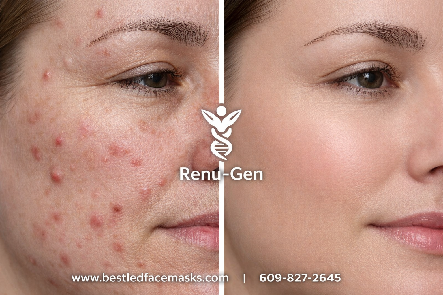 () before-and-after style split composition showing left side: close-up of skin with visible acne blemishes and fine lines,