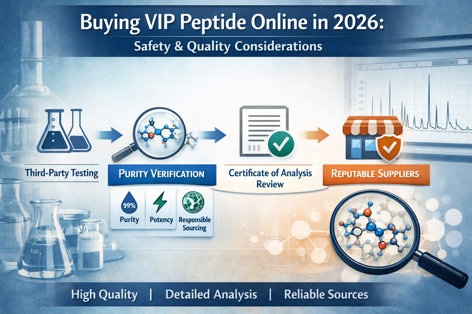 A detailed infographic illustrating the key considerations for safety and quality when you purchase VIP peptide online in 2026. This include