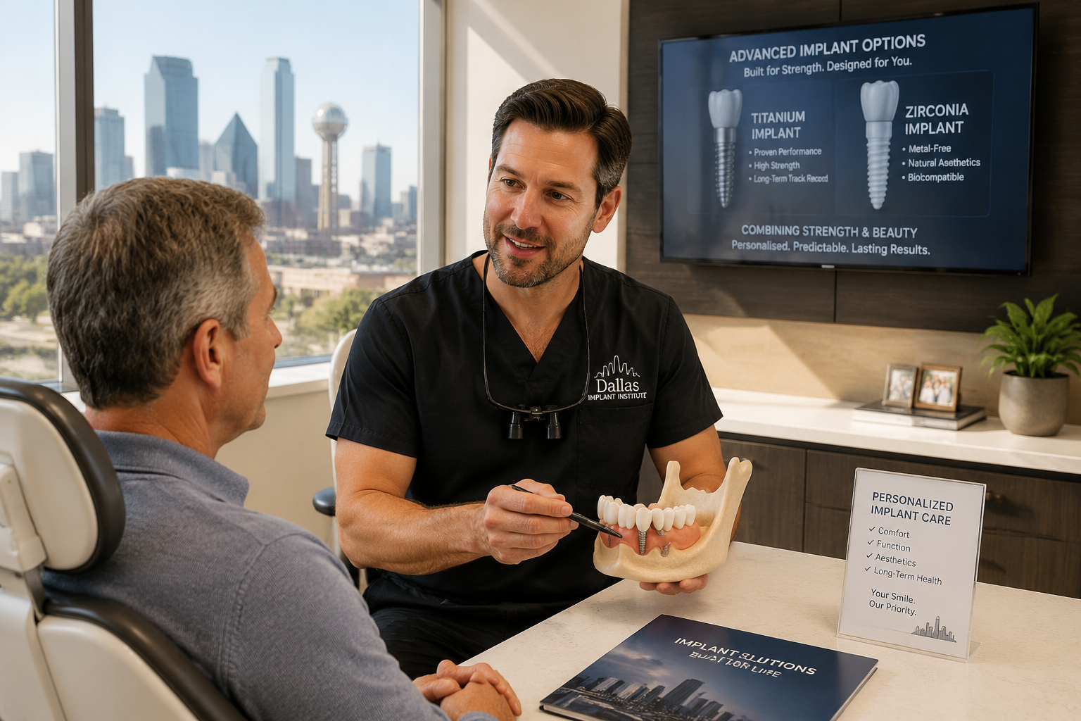 Detailed () image depicting a knowledgeable dentist in a clean, gently explaining dental implant options to a patient using