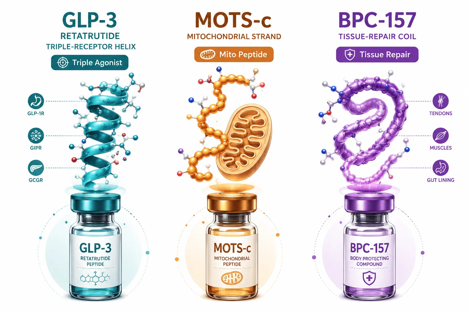 Bright infographic-style editorial landscape (): isometric illustration of three distinct peptide molecules — GLP-3