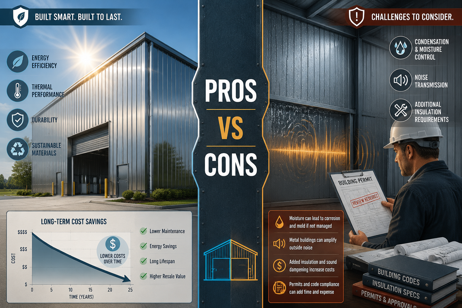 Detailed () split-panel infographic illustration showing two sides of metal building construction: left panel depicts a