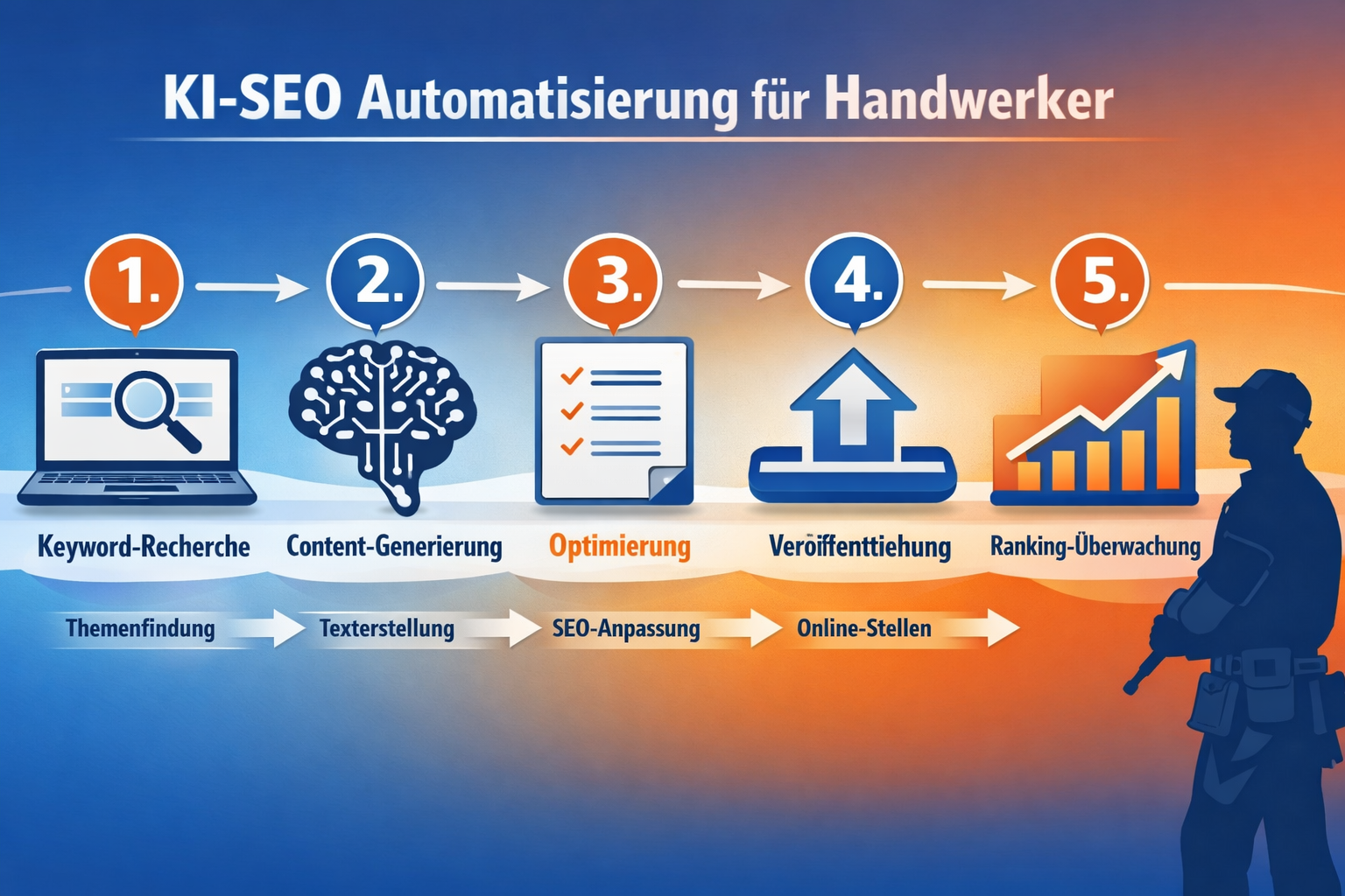() step-by-step visual workflow diagram showing KI-SEO automation process for craftsmen. Numbered circular steps 1-5