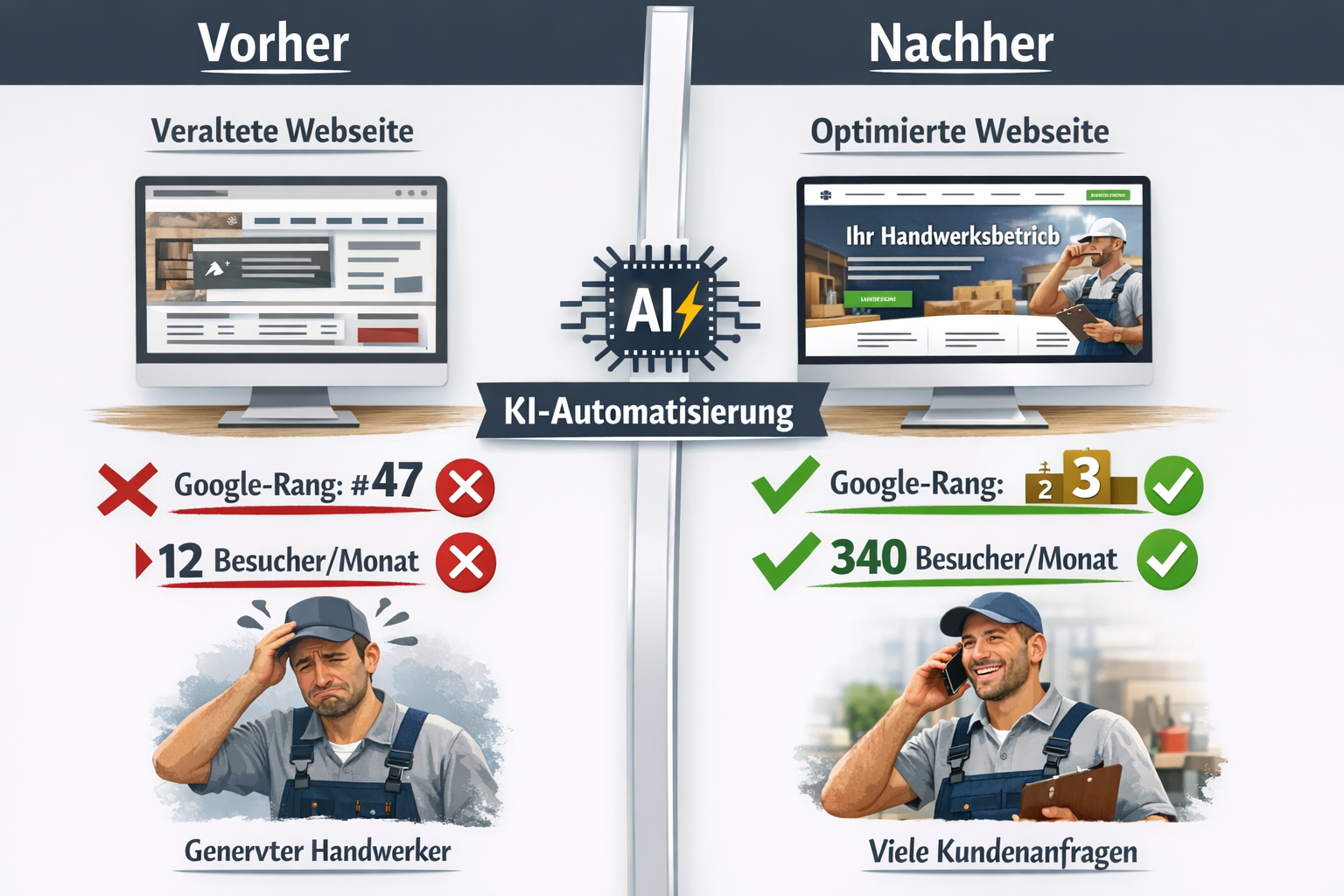 () before-after split screen comparison showing craftsman business website transformation through KI-SEO. Left side labeled