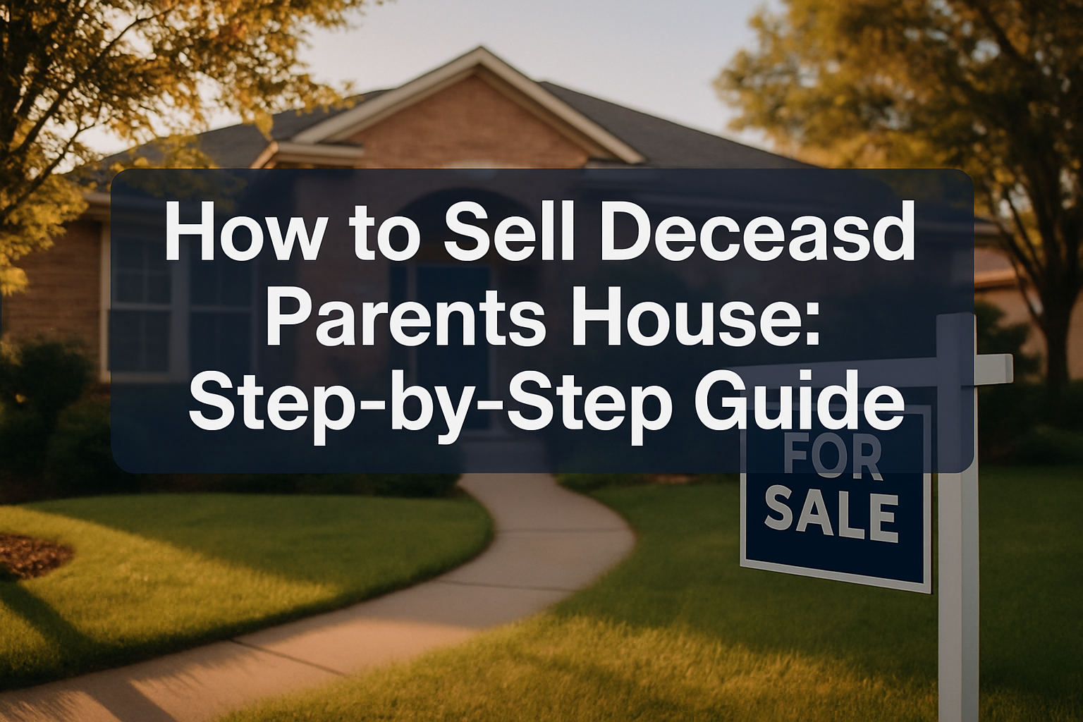 Professional landscape hero image (1536x1024) featuring bold text overlay 'How to Sell Deceased Parents House: Step-by-Step Guide' in extra 