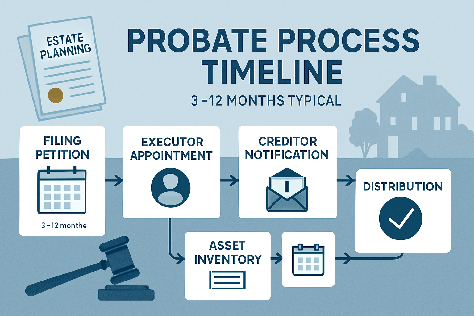Detailed landscape infographic (1536x1024) showing probate process timeline with visual flowchart elements, including key stages: filing pet