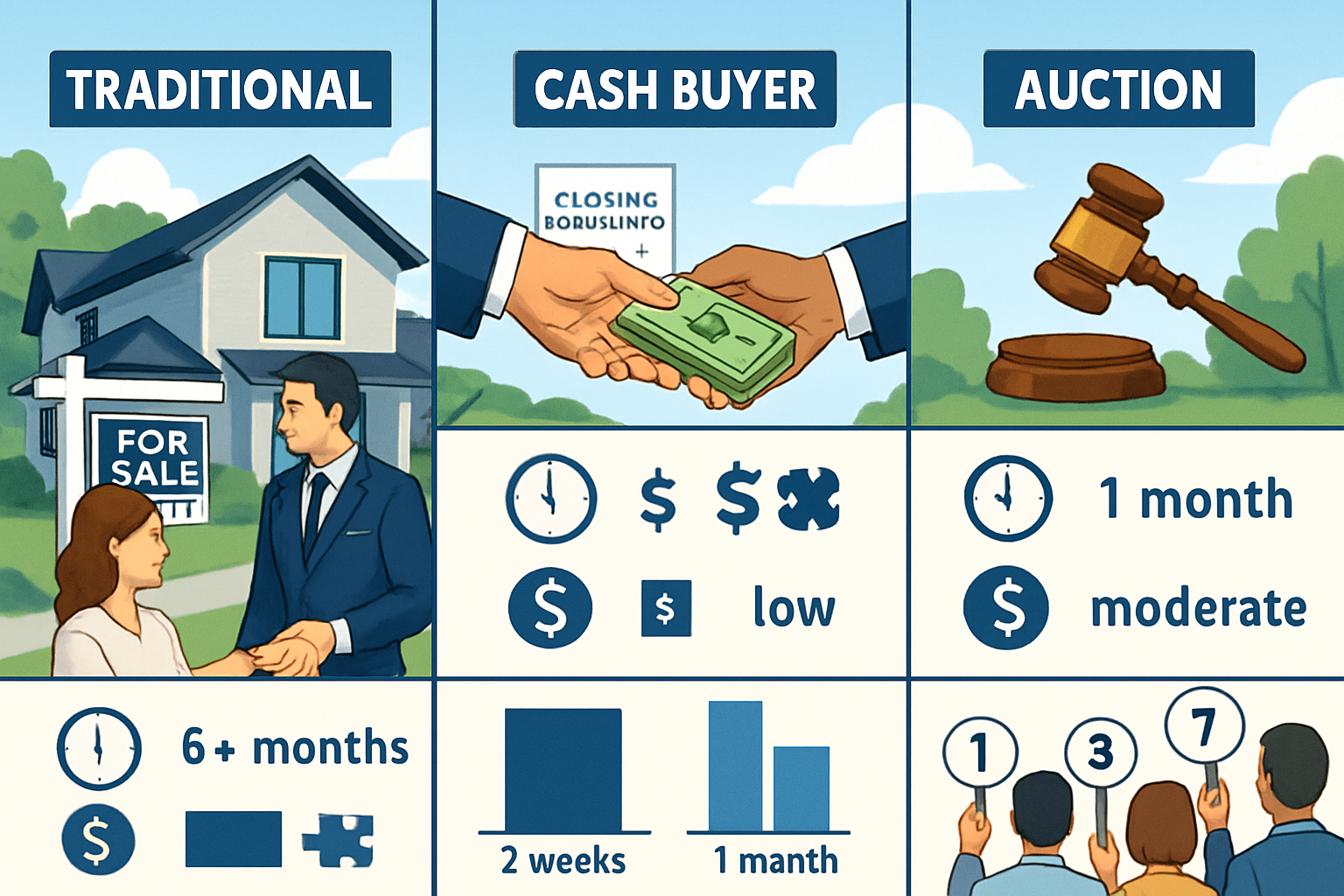 Detailed landscape illustration (1536x1024) depicting three distinct property sale method comparison: traditional real estate listing with a