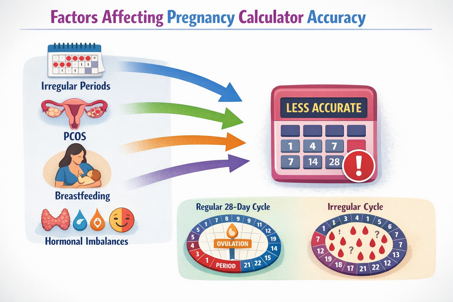 An illustrative infographic in landscape format (1536x1024) demonstrating factors that influence pregnancy calculator accuracy. Use icons to