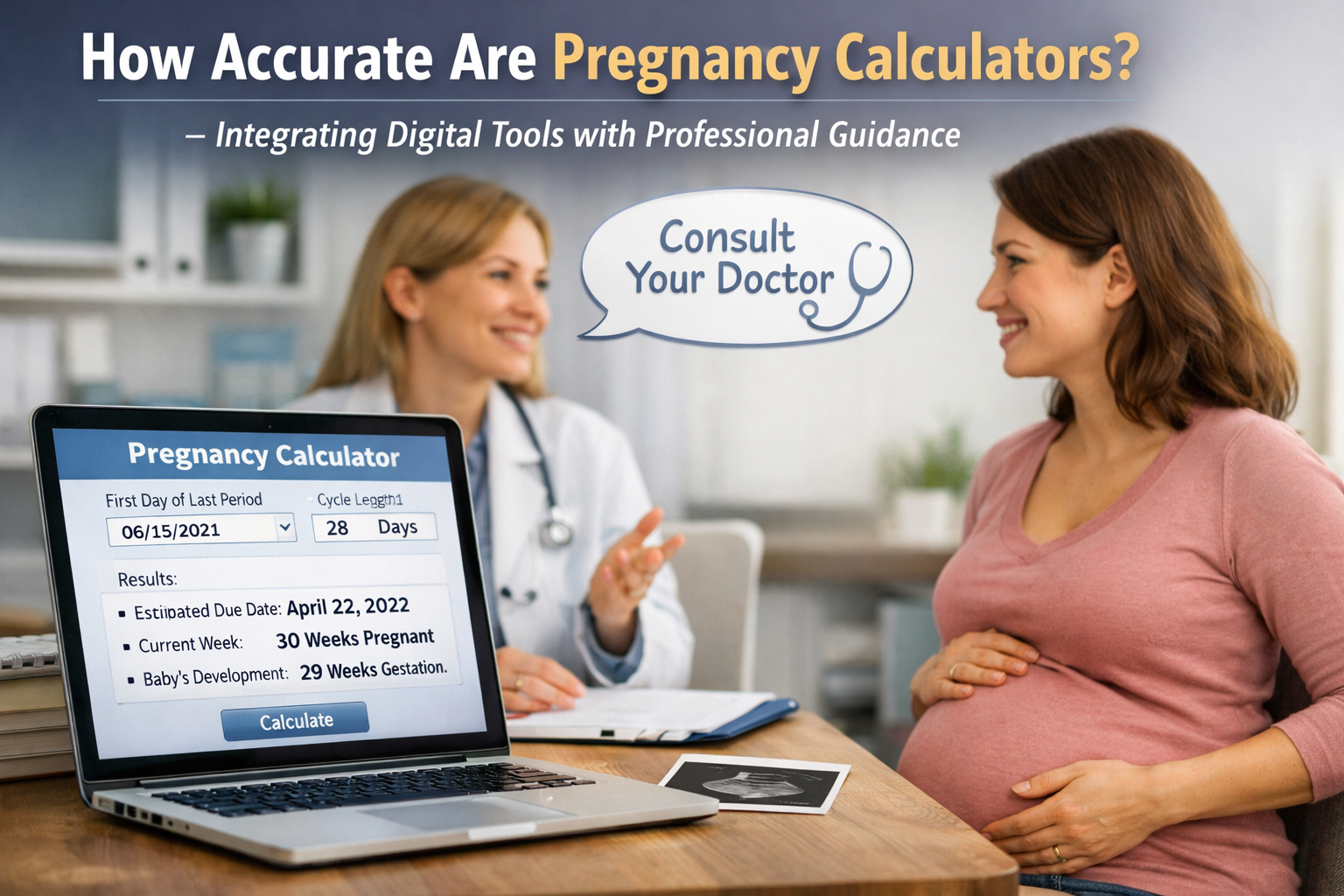 A conceptual image in landscape format (1536x1024) showing a pregnant woman consulting with a healthcare professional (doctor or midwife), w