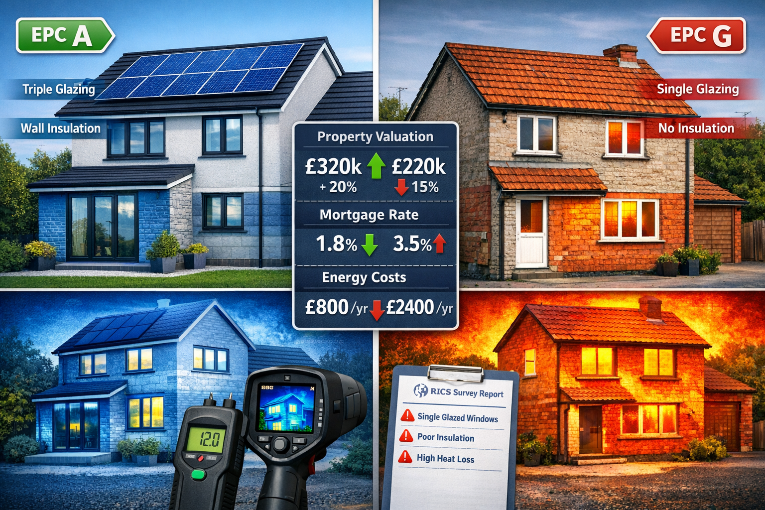 Detailed () image showing split-screen comparison of two UK residential properties side-by-side: left side displays modern