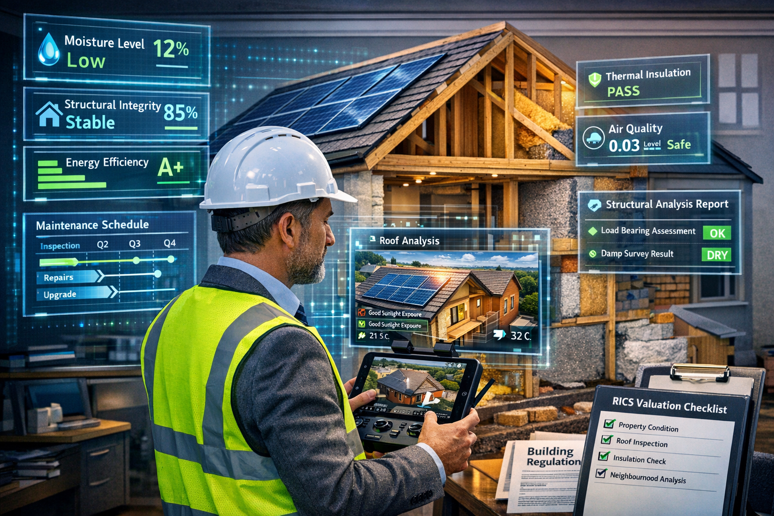 Detailed () image depicting modern surveyor conducting comprehensive building assessment using advanced technology: