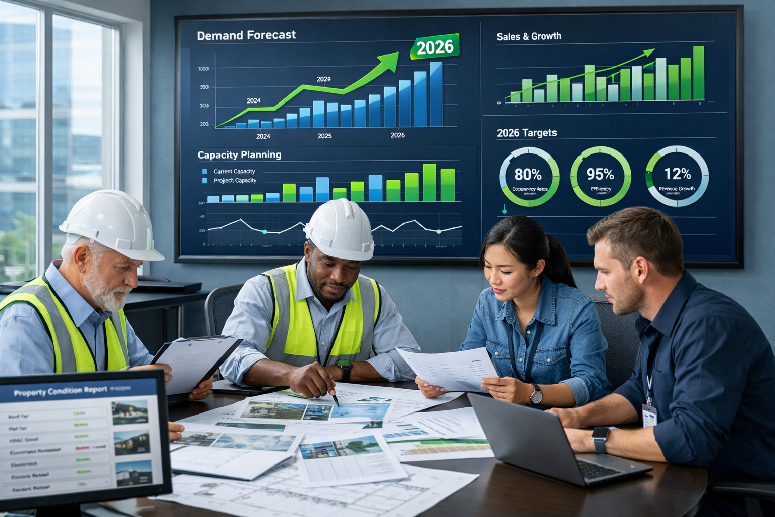 Detailed () image showing professional business forecasting scene with large wall-mounted digital dashboard displaying