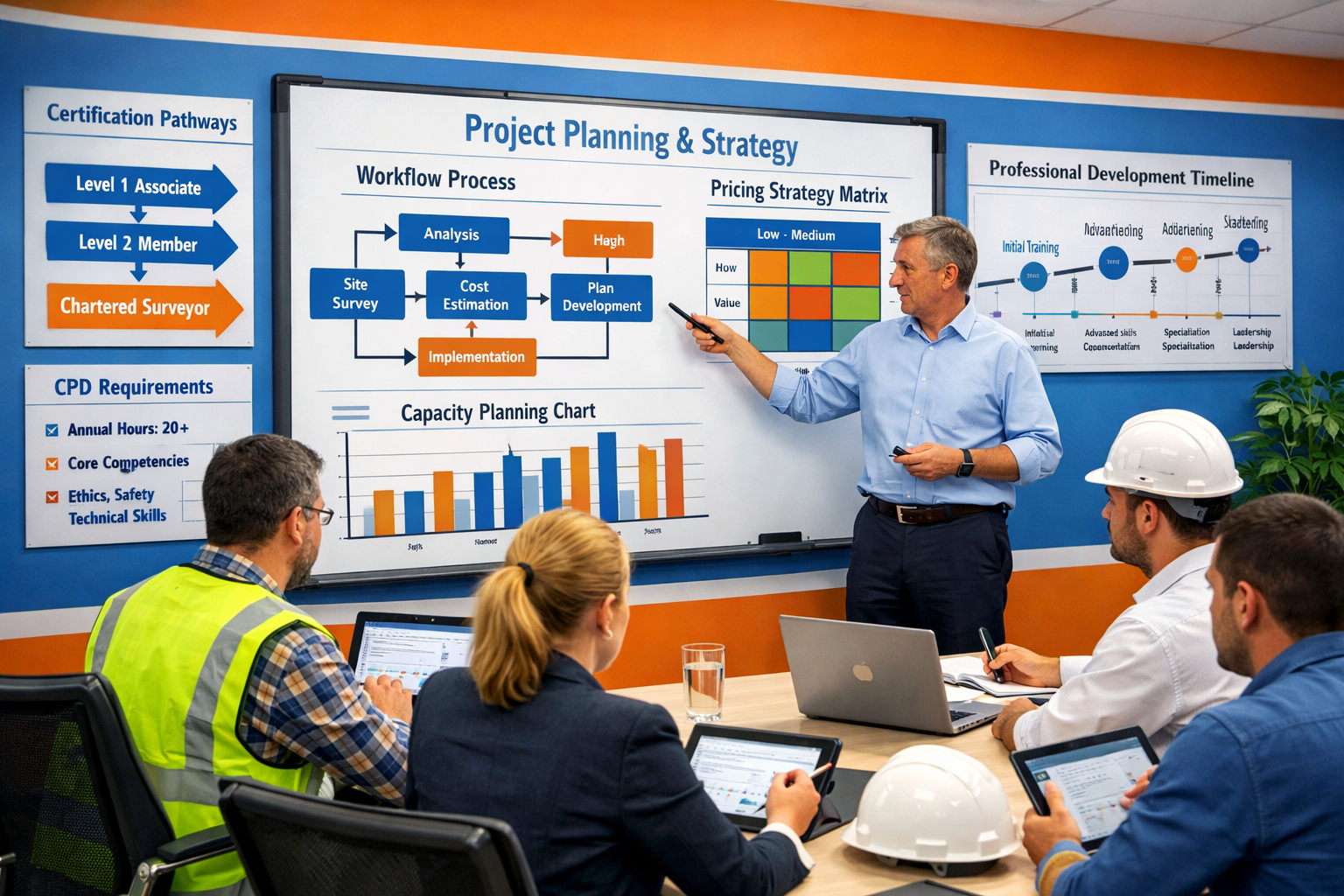 Detailed () image showing strategic planning and implementation scene in professional training environment. Building