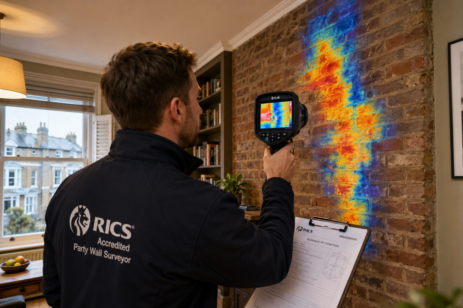 Detailed () editorial illustration showing a RICS-accredited party wall surveyor in a semi-detached London property