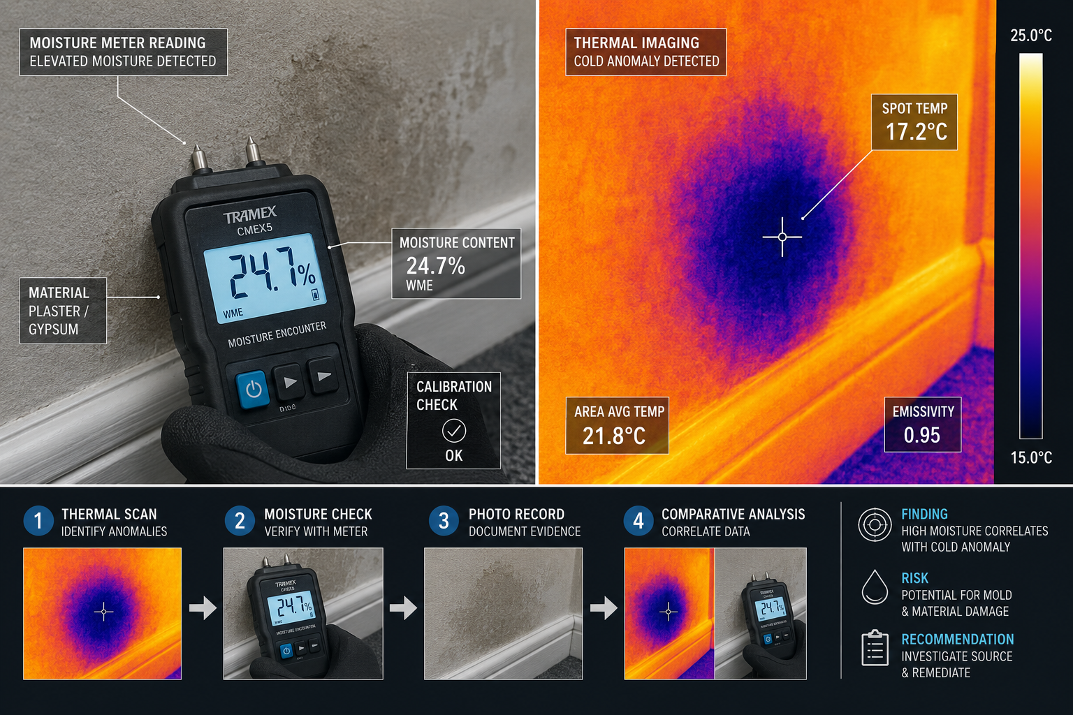 () close-up technical split-panel infographic image: left panel shows a calibrated digital moisture meter probe pressed into
