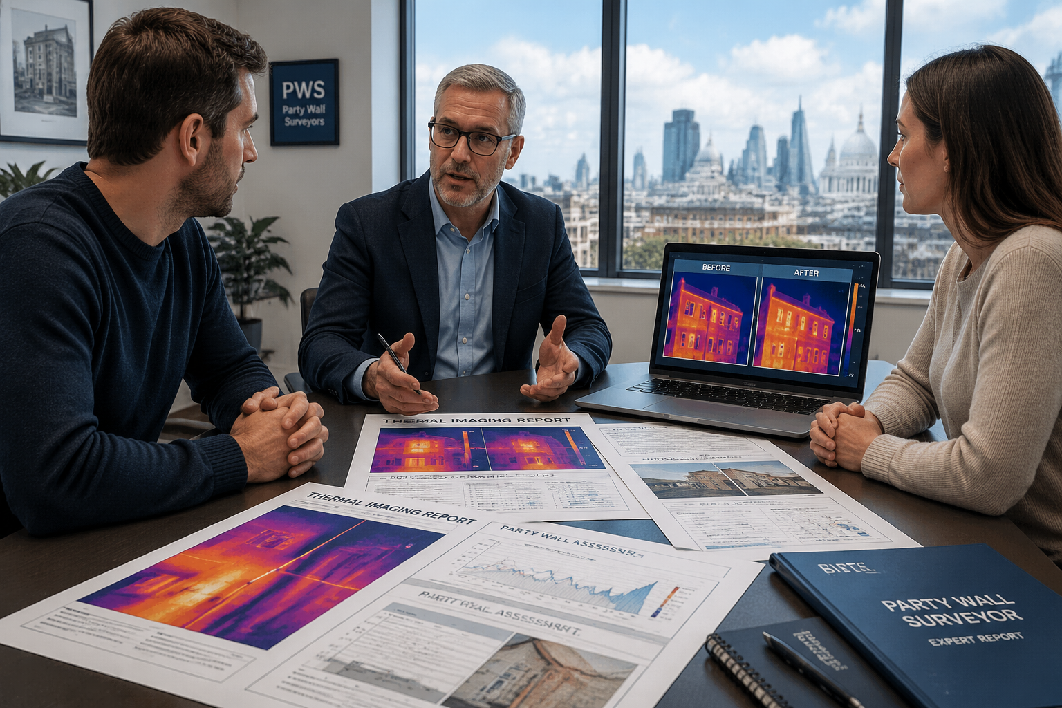 () editorial courtroom-style concept image showing two neighbours on opposite sides of a conference table with a neutral