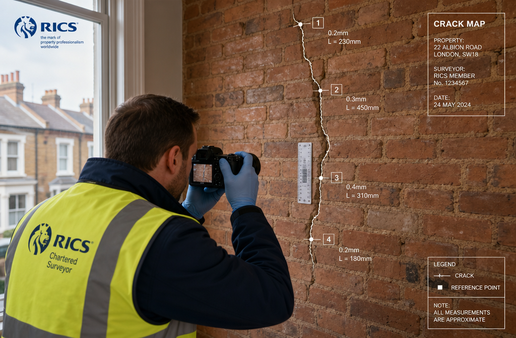 Detailed () showing a professional RICS surveyor in hi-vis vest photographing hairline cracks on a brick party wall