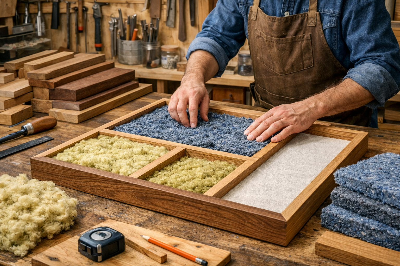 A detailed () image showcasing a woodworking workshop filled with natural light, where a craftsman is meticulously