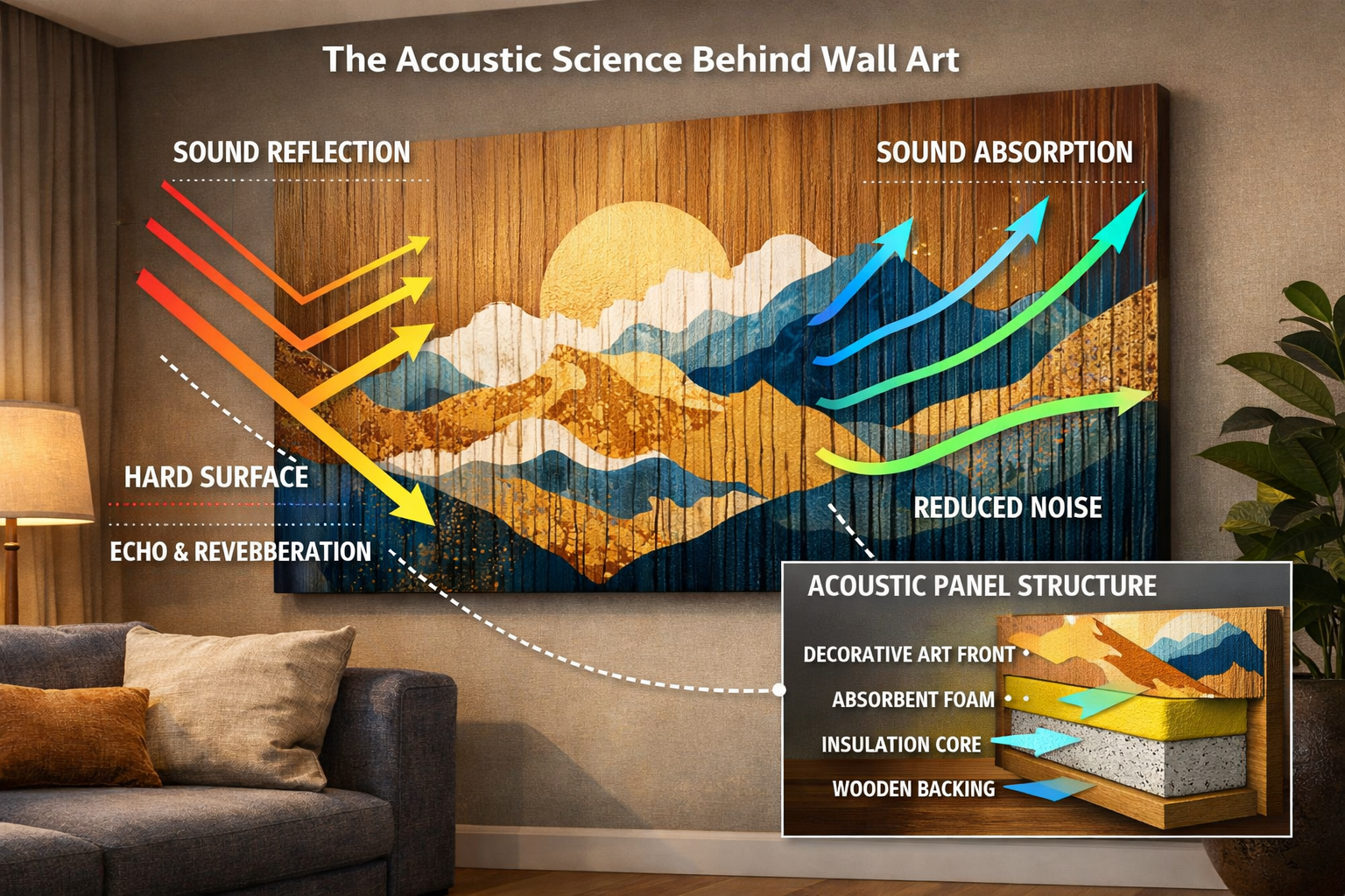 A vivid () image illustrating the acoustic science behind wall art. The visual features a stylized diagram overlaying a