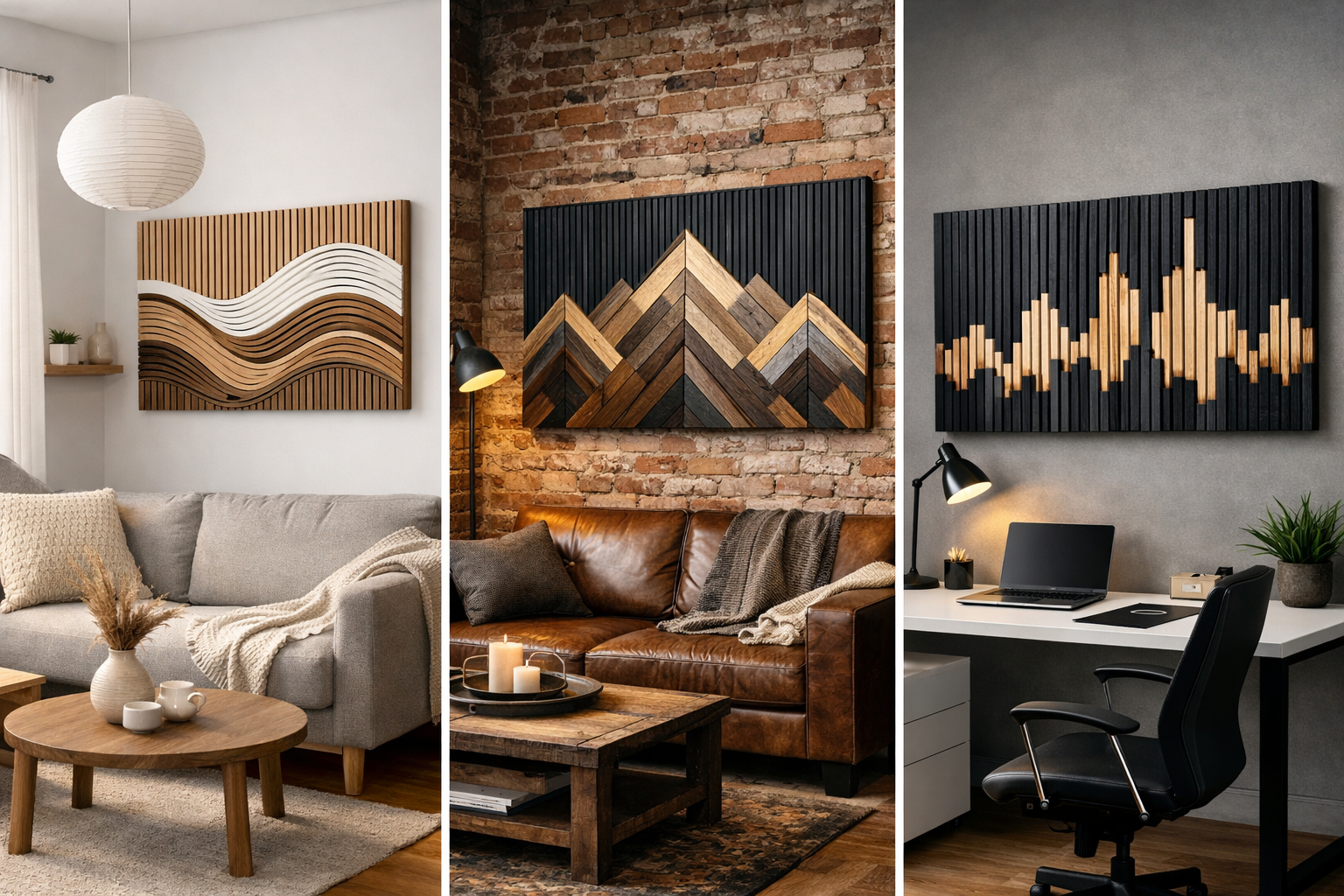 A dynamic () image capturing the aesthetic integration of acoustic wood art into diverse home decor styles. The scene