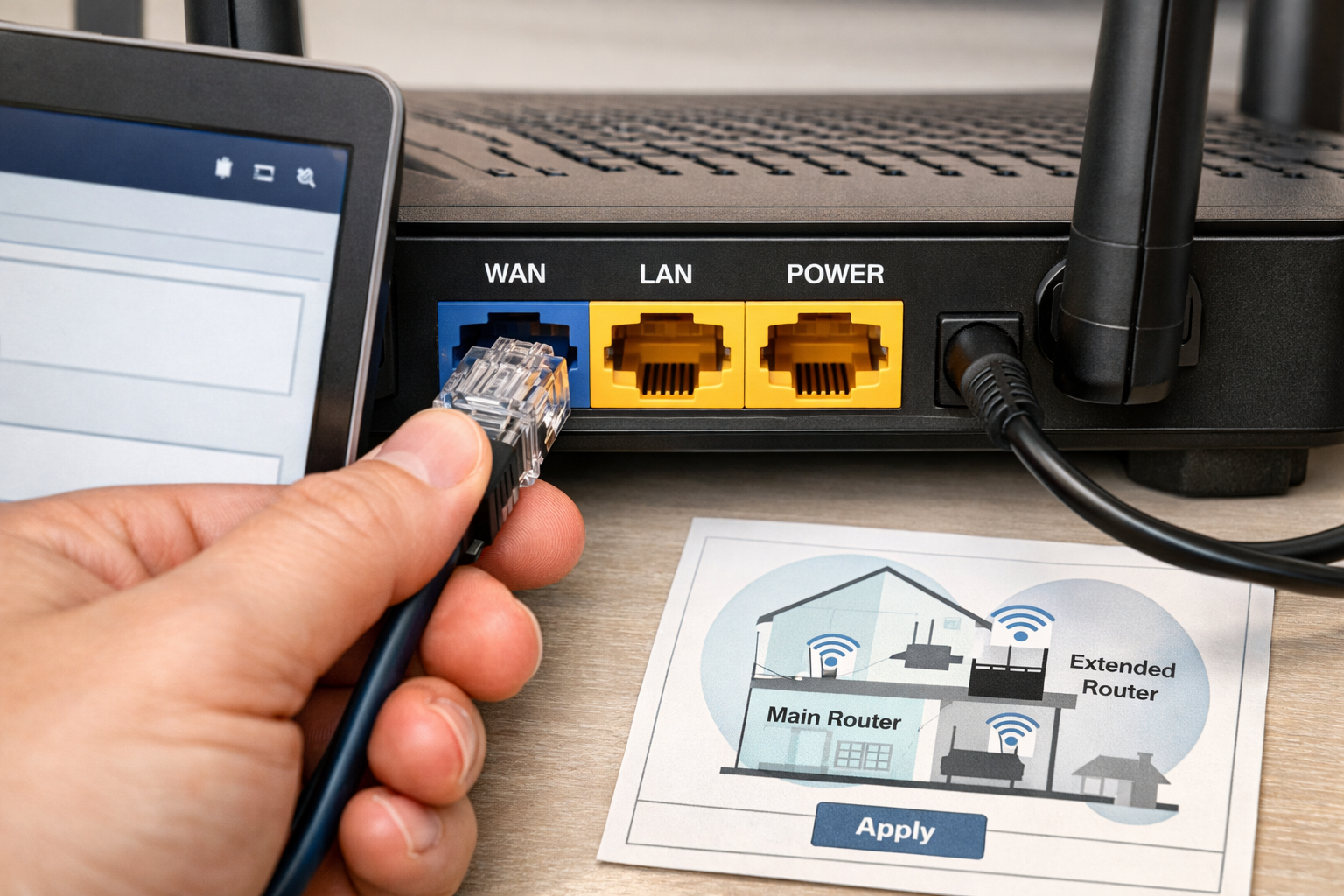 A detailed close-up shot of a network setup, focusing on the back of a second router with clearly labeled ports (WAN, LAN, Power) and a hand