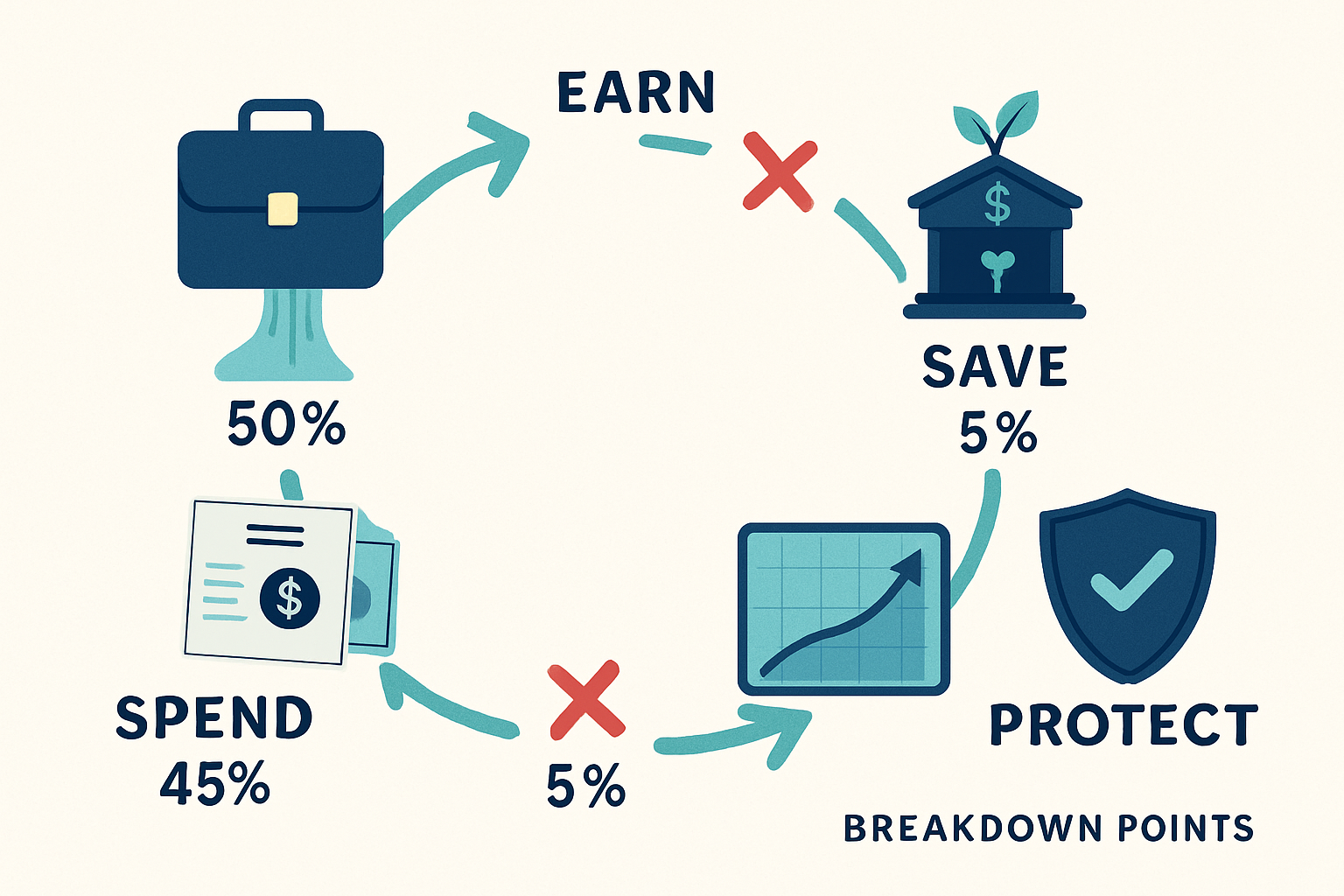 Professional landscape illustration (1536x1024) depicting money flow lifecycle through person's financial life as circular diagram with five