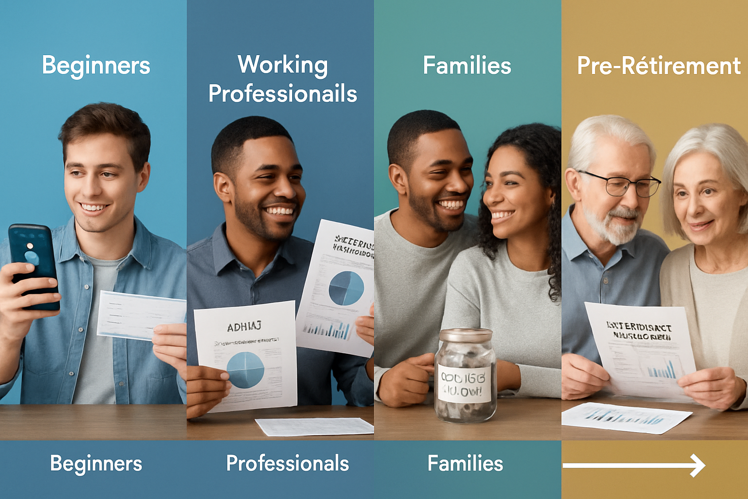 Landscape editorial image (1536x1024) showing financial literacy progression across life stages as horizontal timeline with four distinct ph