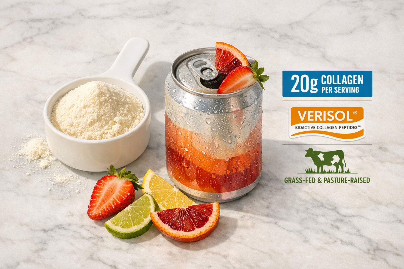 Detailed () product comparison flat-lay showing Vital Proteins collagen peptide powder in a white ceramic scoop beside a