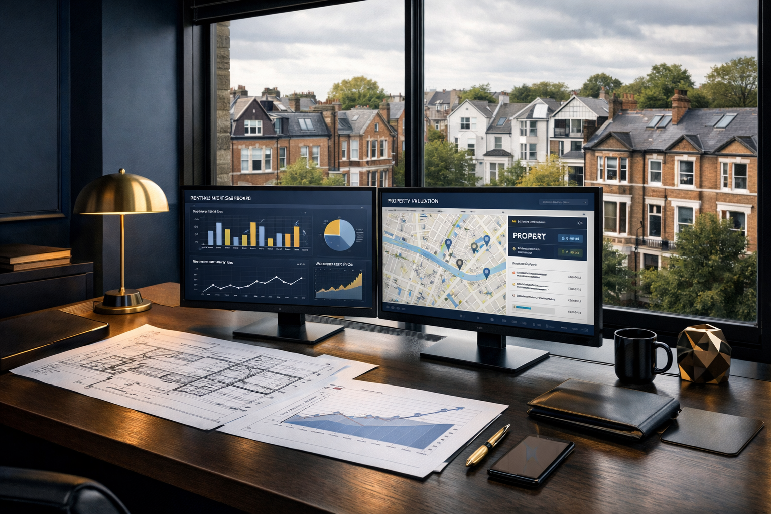 Professional landscape format (1536x1024) editorial hero image showing a modern chartered surveyor's office in London with large windows ove
