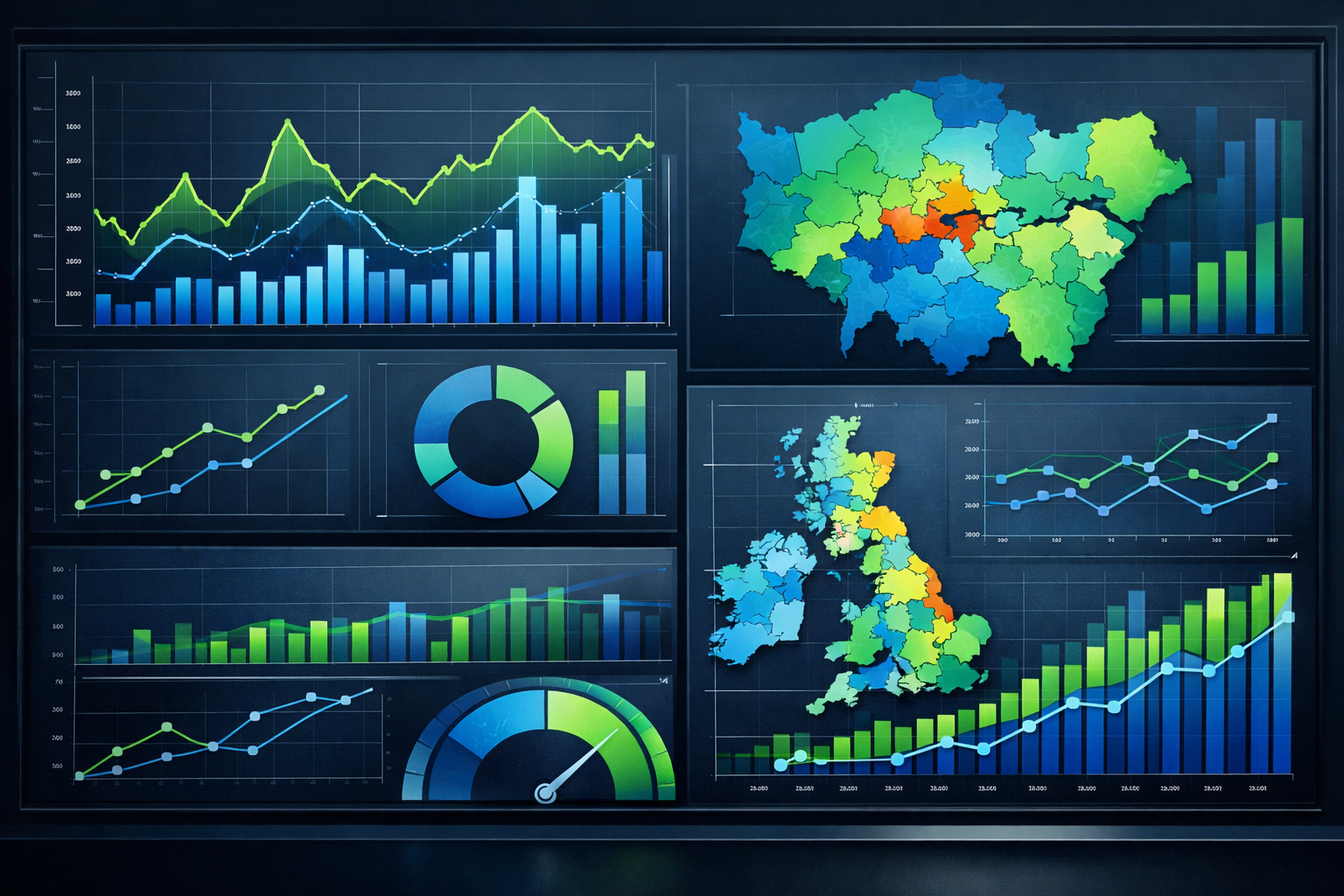 Detailed landscape format (1536x1024) image depicting rental market data visualization with interactive digital dashboard showing UK letting