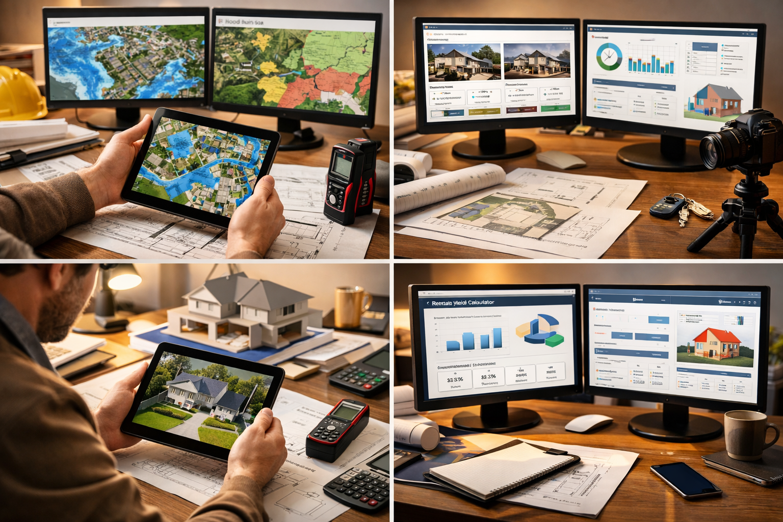 Comprehensive landscape format (1536x1024) visual showing modern surveyor technology tools in action, professional using tablet device with 
