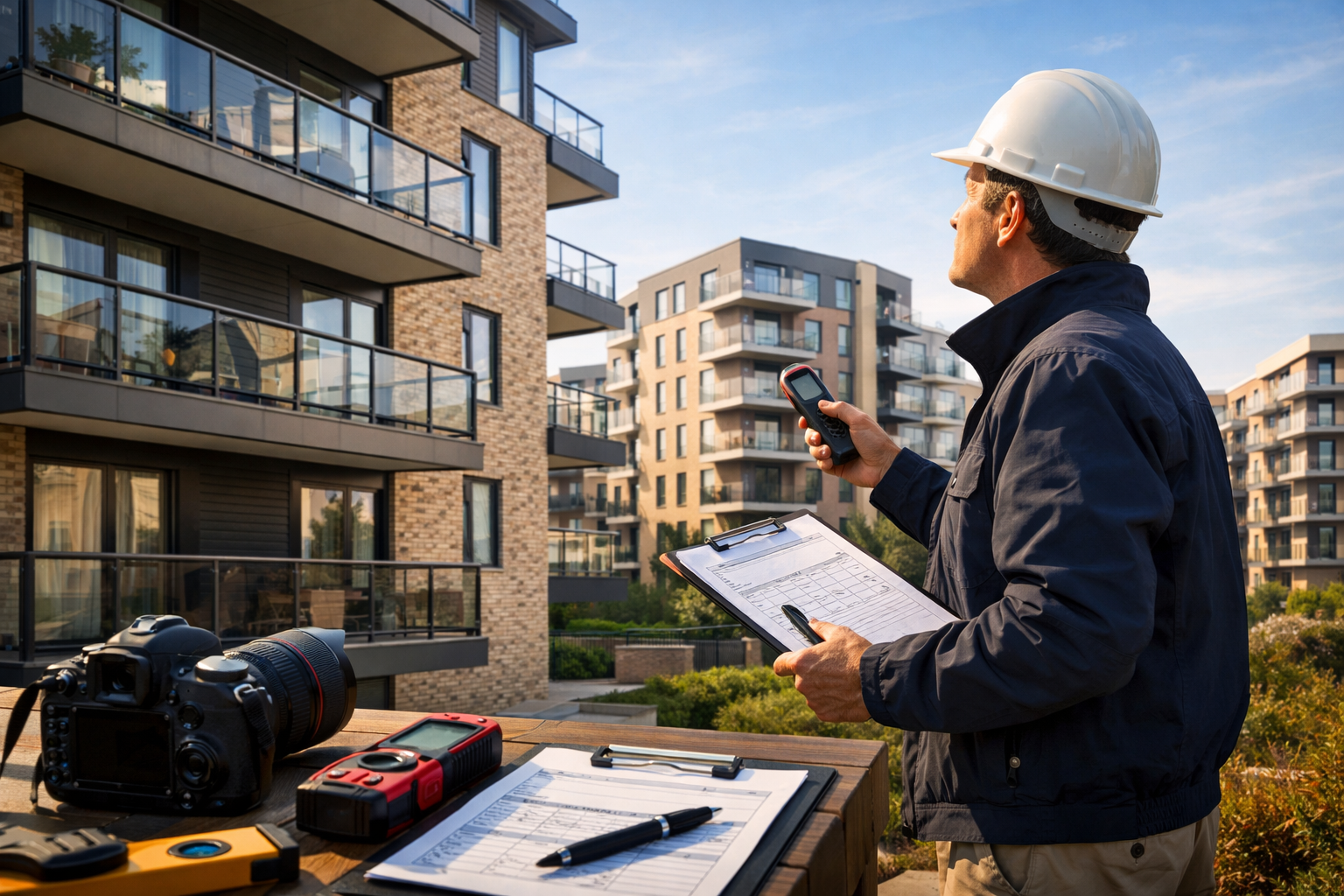 Striking landscape format (1536x1024) image illustrating rental property portfolio assessment process, professional surveyor conducting site