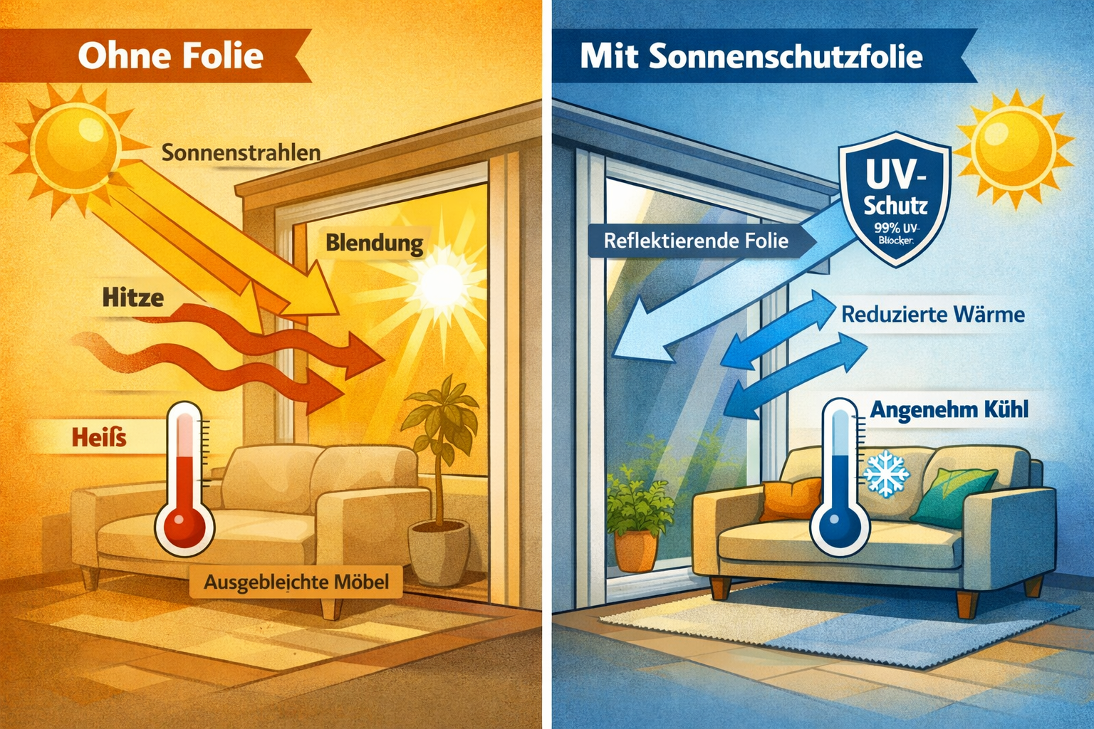 Detailed () illustration showing cross-section comparison of a window with and without Sonnenschutzfolie: left half shows