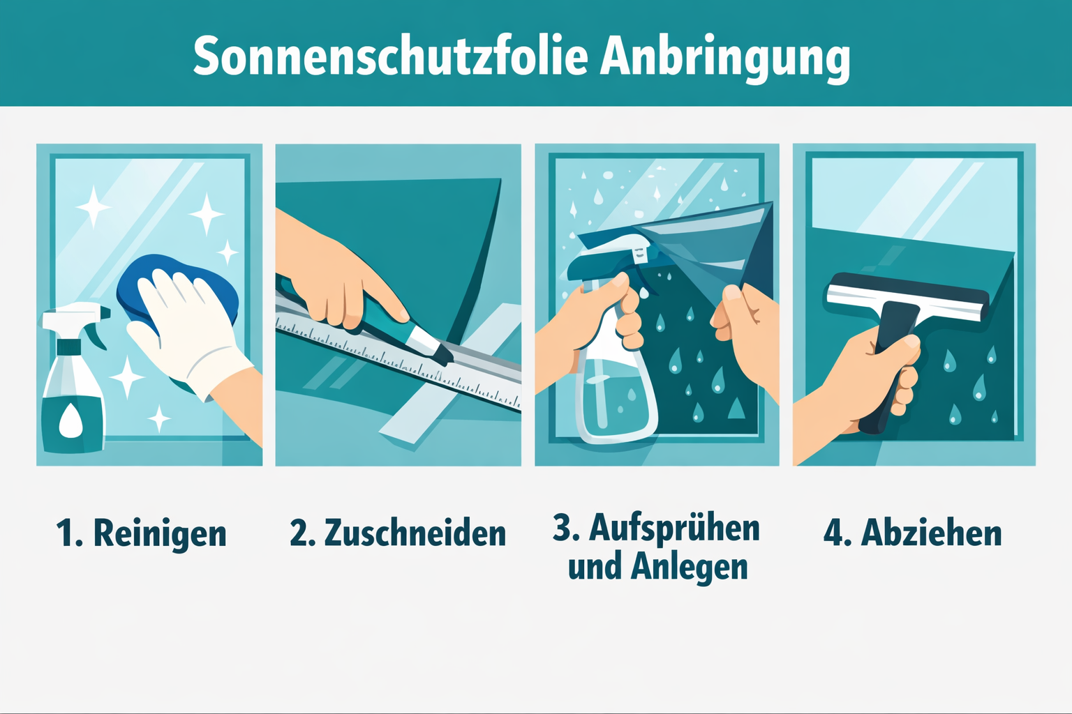 () step-by-step process infographic showing four sequential panels of Sonnenschutzfolie Anbringung on a glass window: Panel
