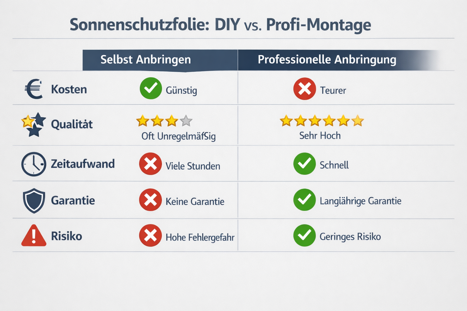() side-by-side comparison table visual showing DIY vs. Profi-Montage for Sonnenschutzfolie: two columns with icons