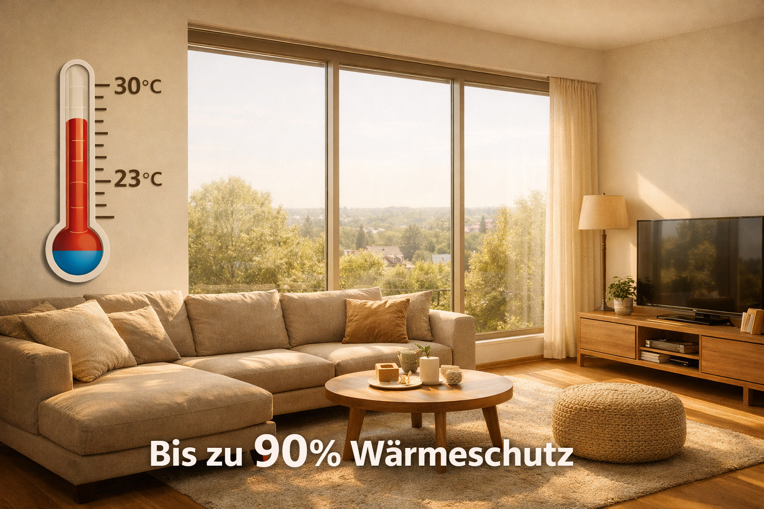 () wide-angle interior shot of a modern living room with large south-facing windows fully covered with a subtle reflective