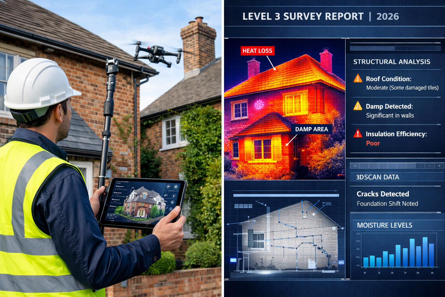 () editorial image showing split-screen composition: left side displays a modern surveyor with AI-powered tablet and drone
