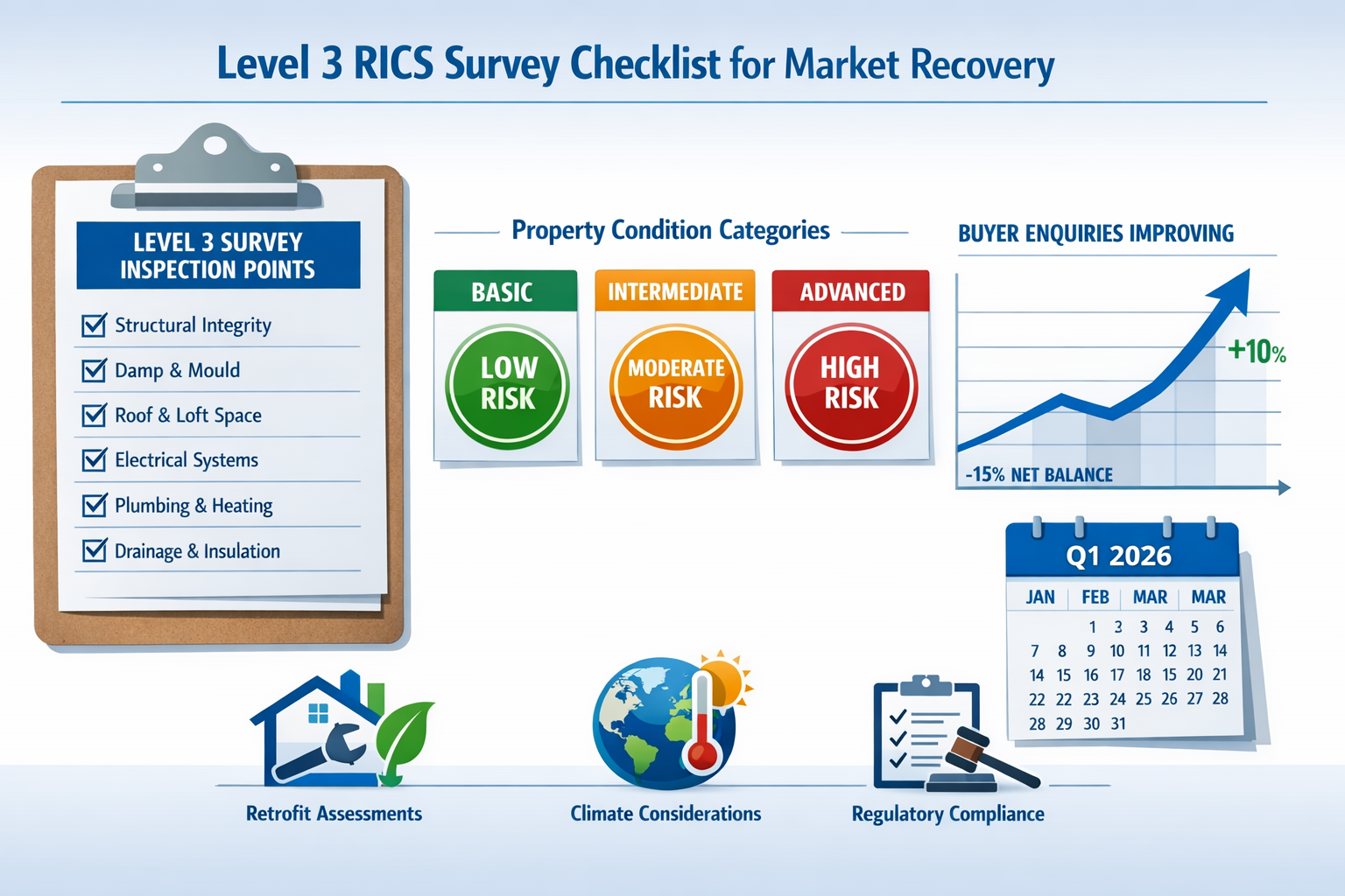 () professional infographic-style image displaying a comprehensive checklist framework for Level 3 RICS surveys during