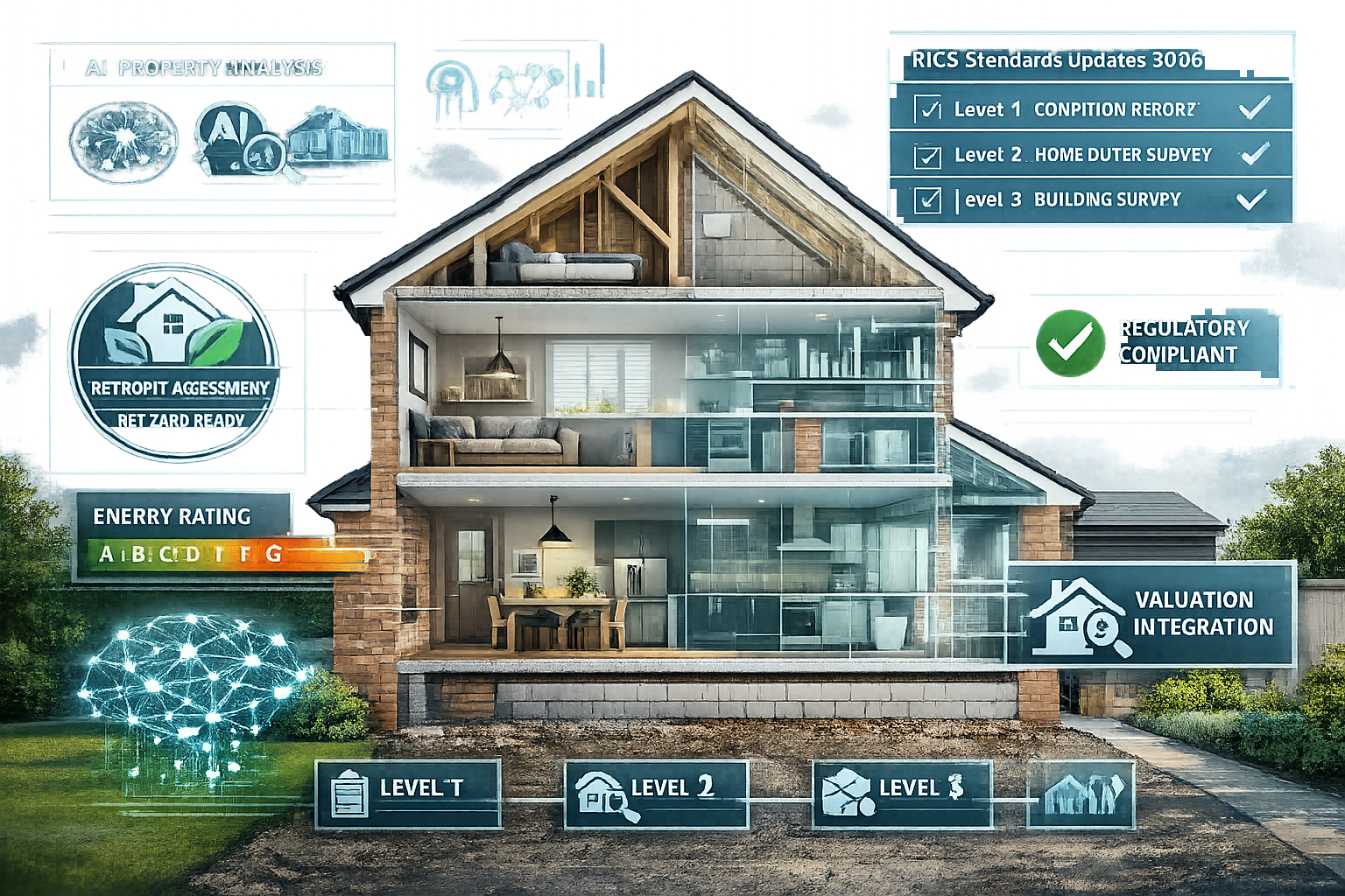() conceptual image showing the future of home surveying: modern British property cross-section with transparent revealing