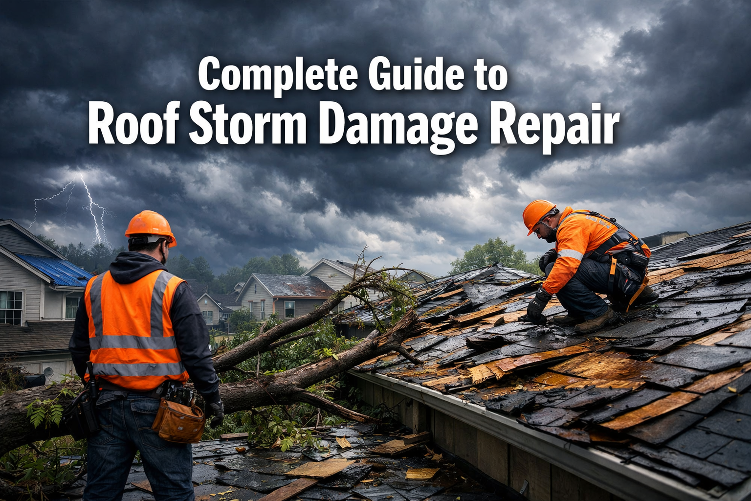 Professional landscape hero image (1536x1024) featuring bold text overlay 'Complete Guide to Roof Storm Damage Repair' in extra large 70pt w