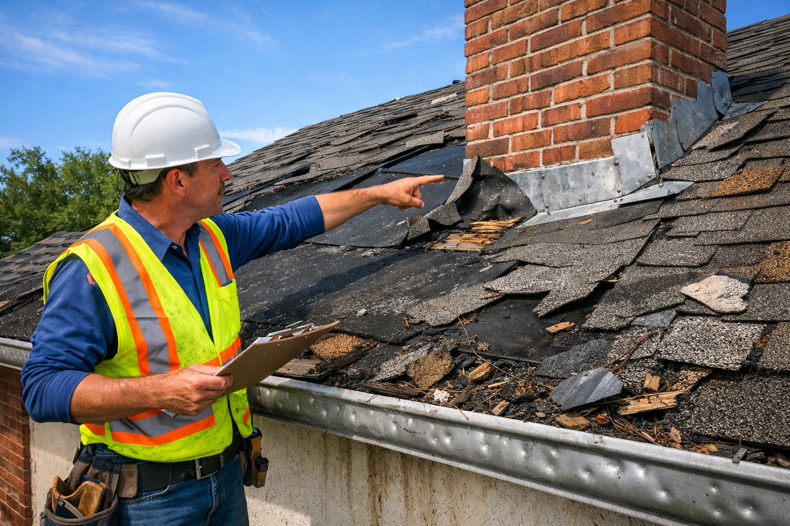 Detailed landscape image (1536x1024) showing close-up view of severe roof storm damage including missing asphalt shingles, exposed underlaym