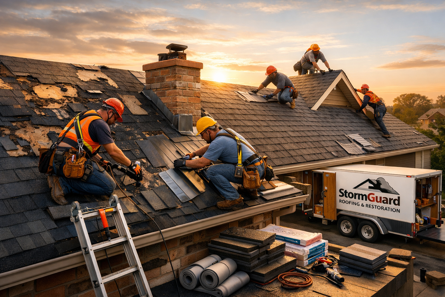 Dynamic landscape image (1536x1024) showcasing professional roof storm damage repair process in action. Multiple workers in safety gear inst