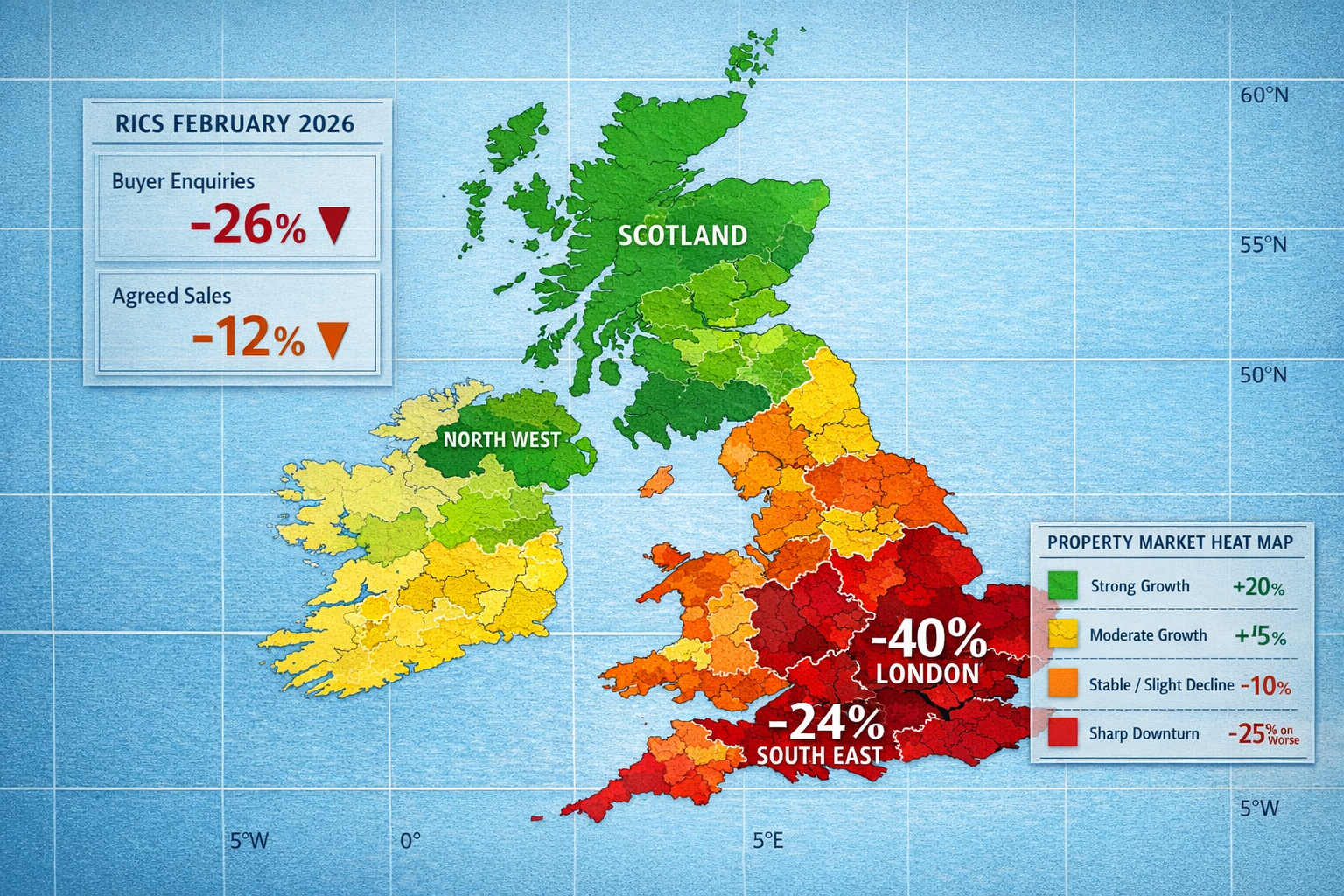 Detailed () image showing a comprehensive UK regional property market heat map with color-coded zones representing price