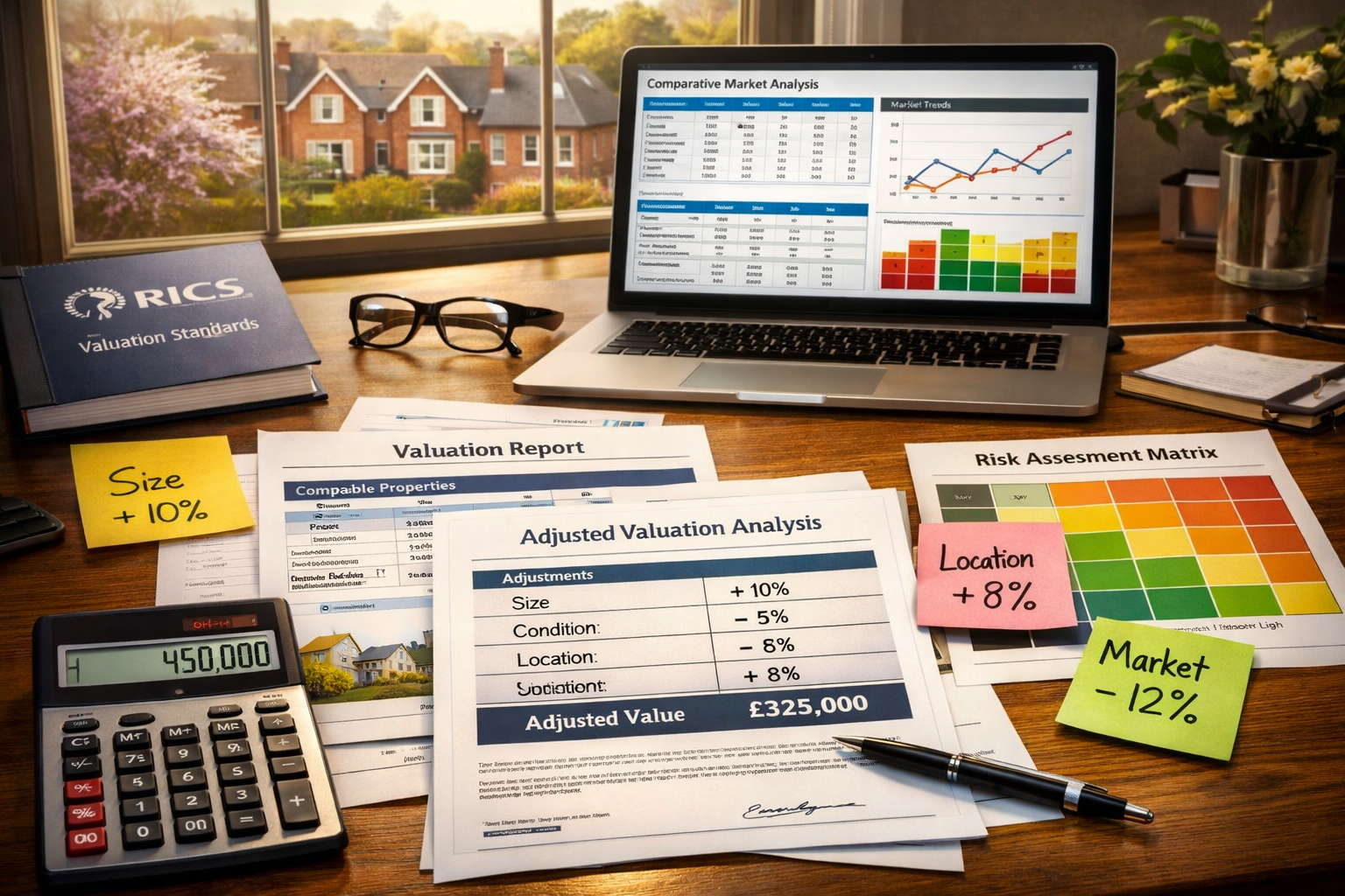 Detailed () conceptual illustration depicting valuation methodology adjustment process. Central focus on a professional