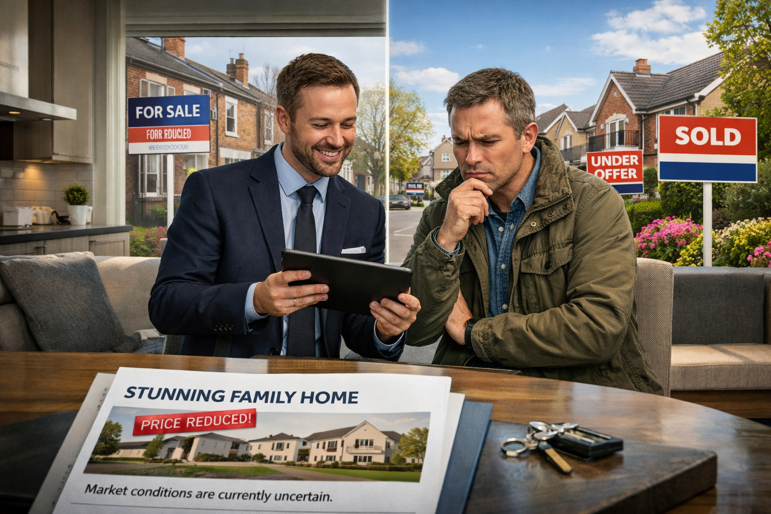 Detailed () image showing a professional property viewing scene with cautious buyer and estate agent in a modern UK home