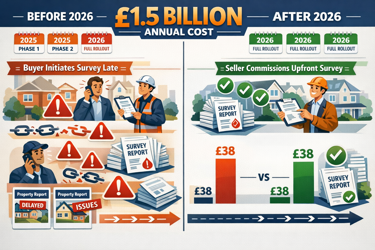 () detailed infographic illustration showing the dramatic shift in property transaction workflow from 2025 to 2026.