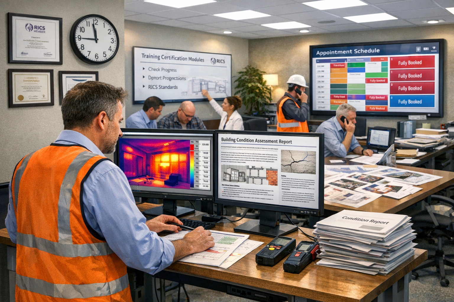 () dynamic scene inside modern surveying firm office showing multiple building surveyors working under pressure to meet