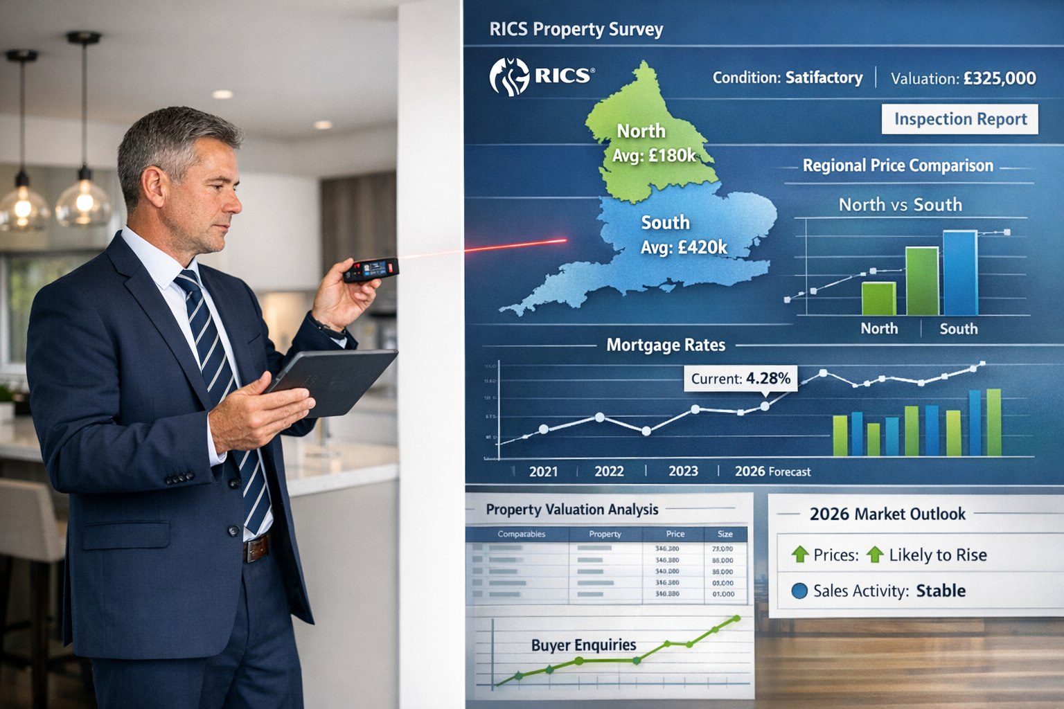 Detailed landscape format (1536x1024) image showing professional surveyor in business attire using digital tablet and laser measuring device