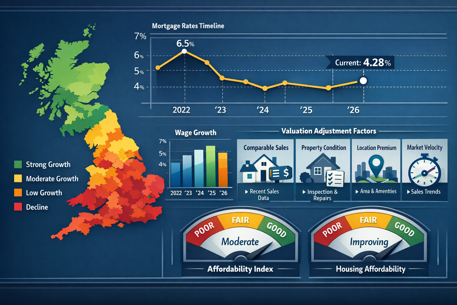 Detailed landscape format (1536x1024) infographic-style image displaying UK map with color-coded regions showing differential growth rates, 